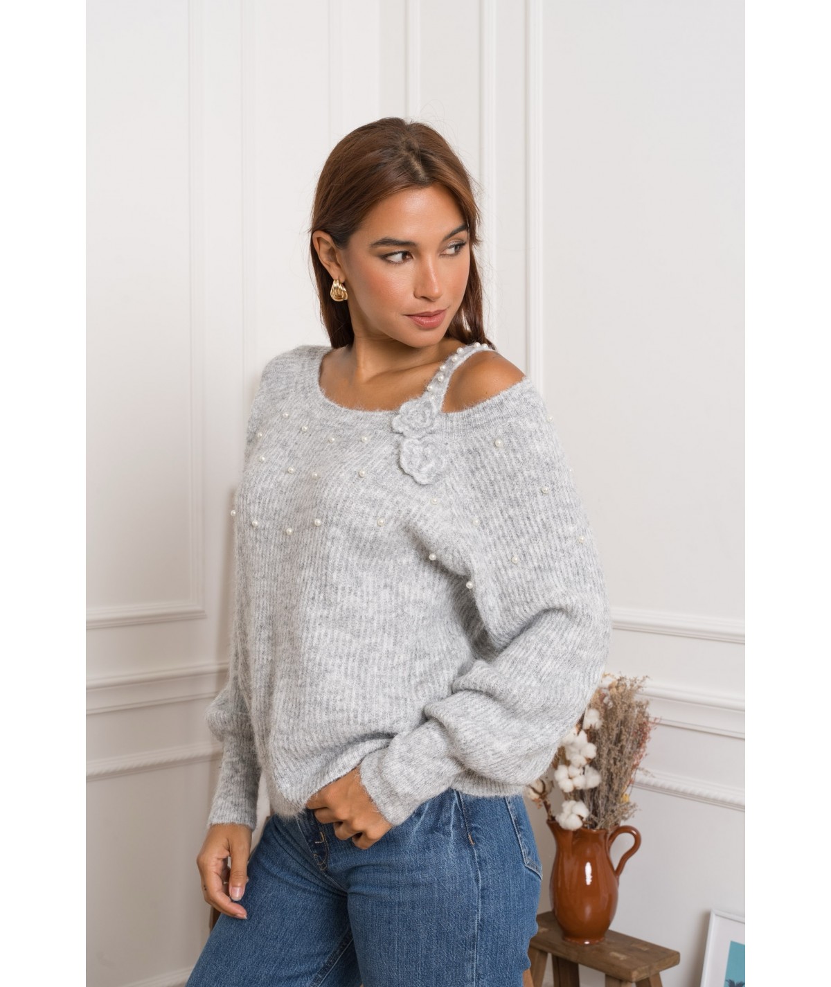 Pull perles gris